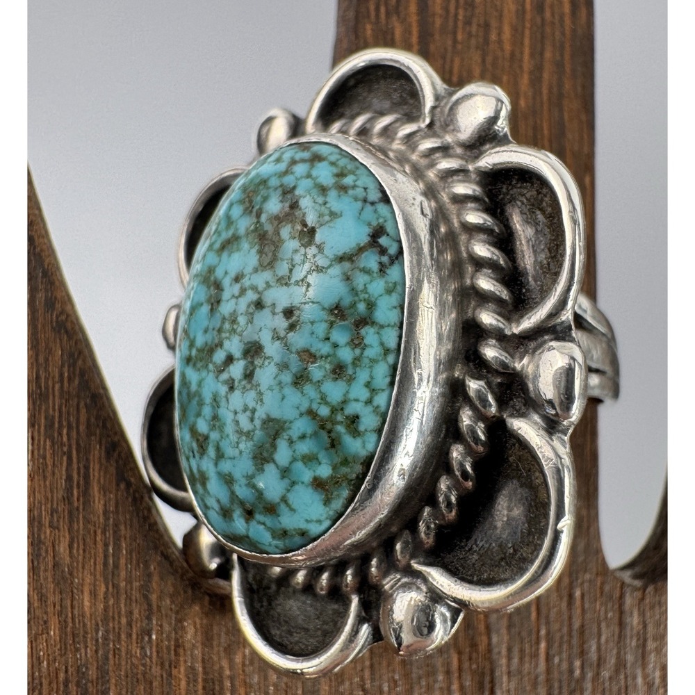 Navajo Sterling Silver Turquoise Ring Large Oval Split Shank Size 6.75 9.9g